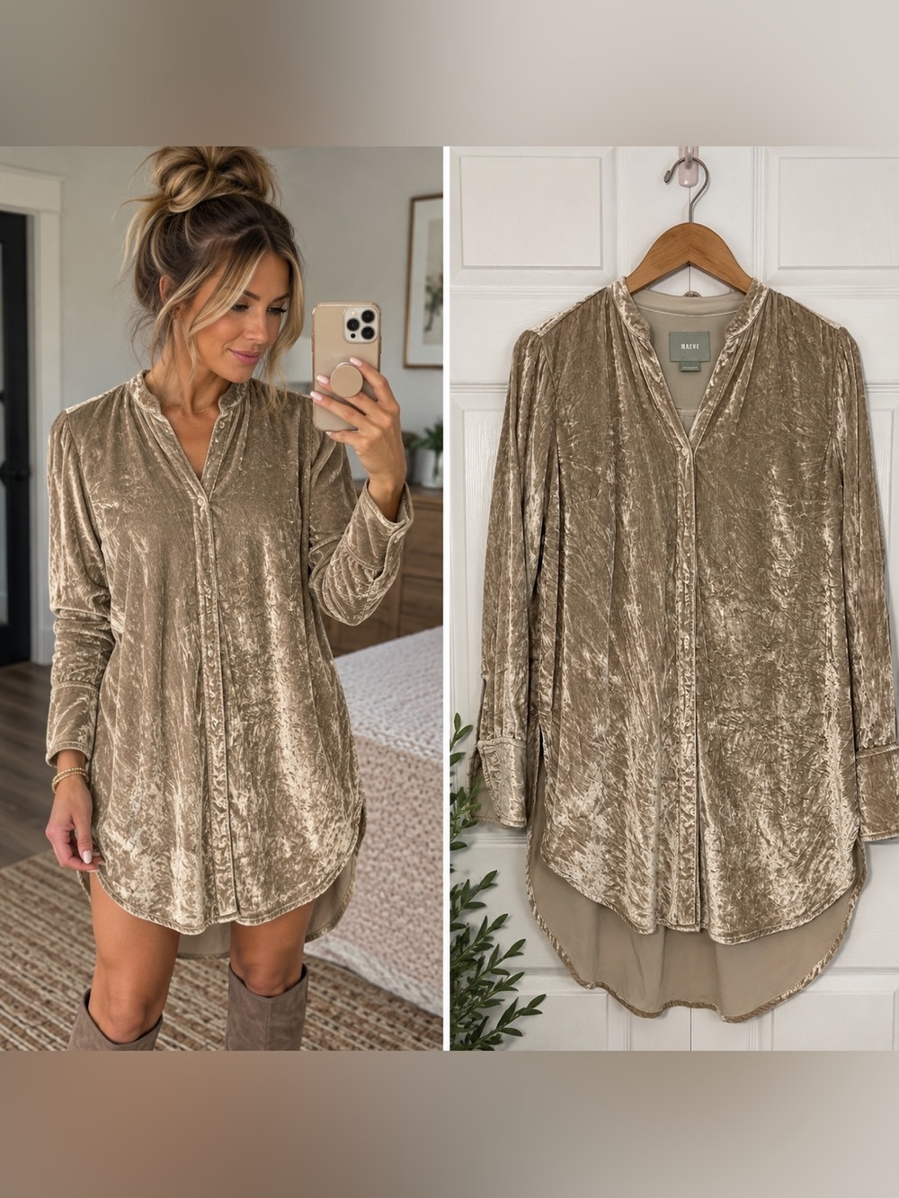 Maeve Anthropologie Champagne Crushed Velvet Button Front Tunic Dress Size 4